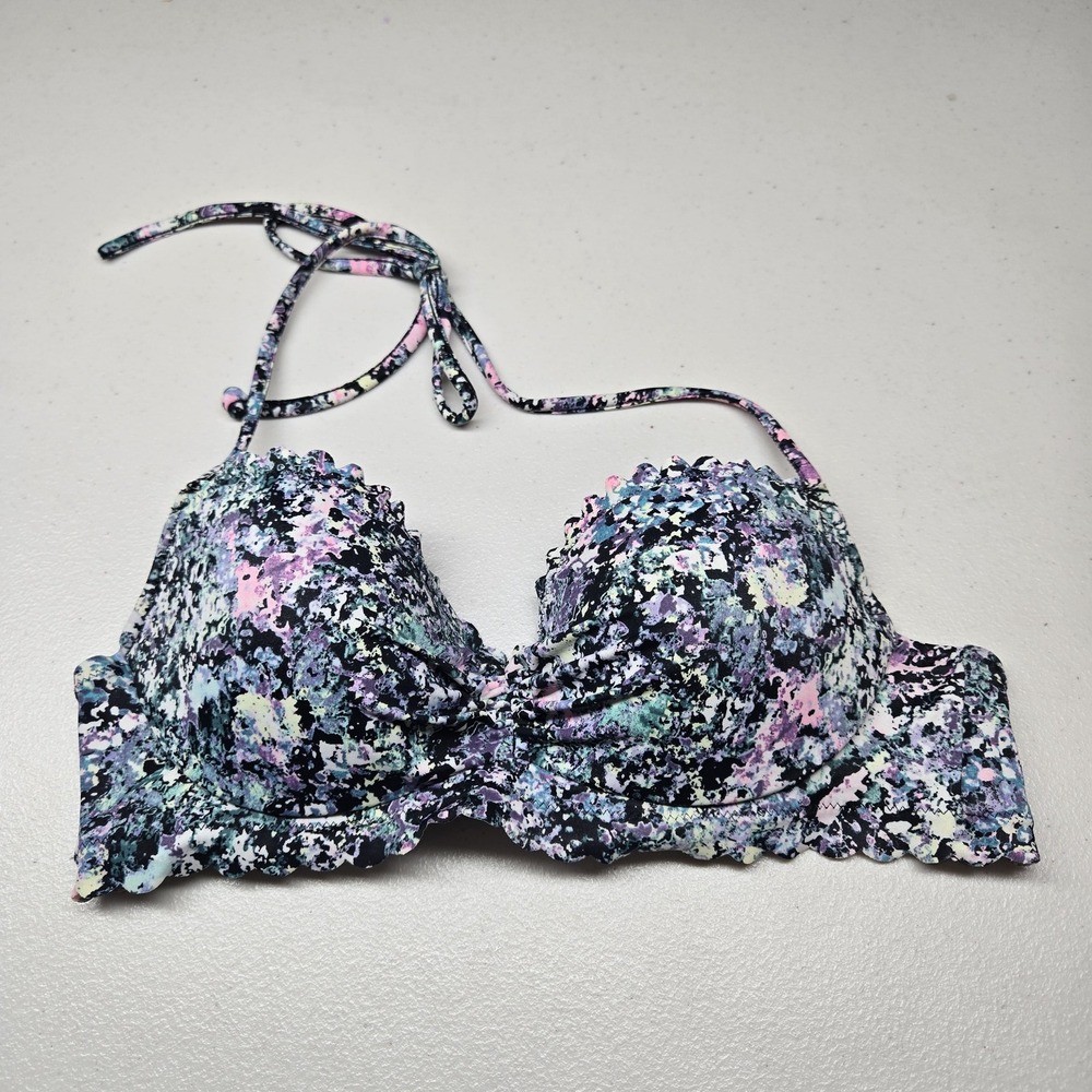 Victoria's Secret Women Swimwear 32B Black Splatter Artsy Top Halter Ruffle
